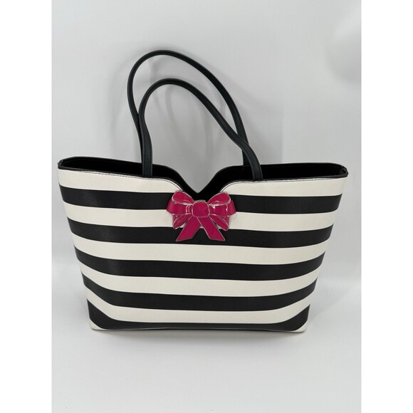 Betsey Johnson Handbags - Betsey Johnson KITSCH Black White Striped Pink Bow Large Tote Shoulder Bag EUC